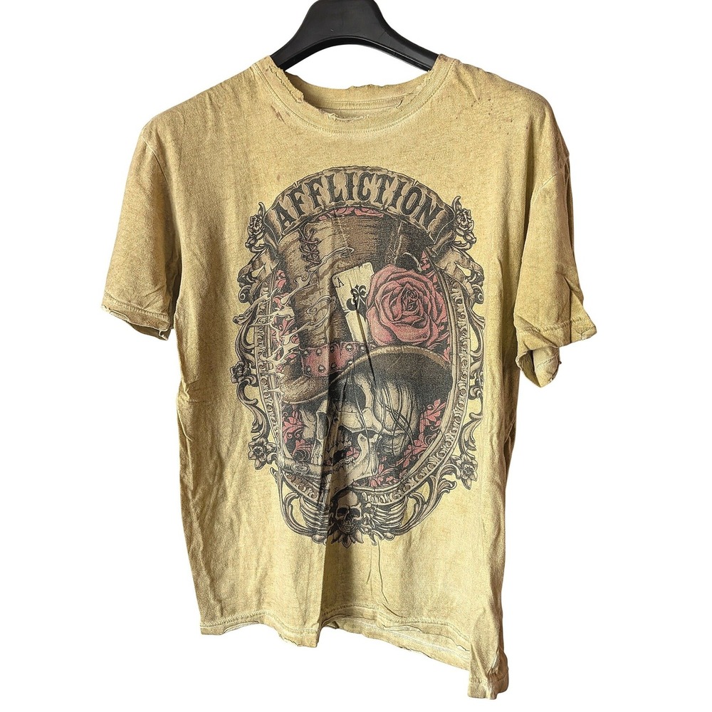 Affliction T-Shirt Mens XL Yellow Skull Top Hat Rose Graphic Distressed USA Y2K
